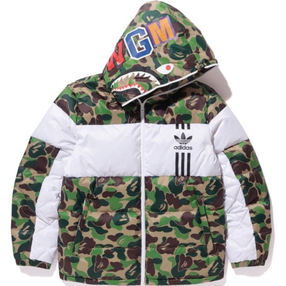 BAPE X Adidas ABC camo firebird puffer jacket green